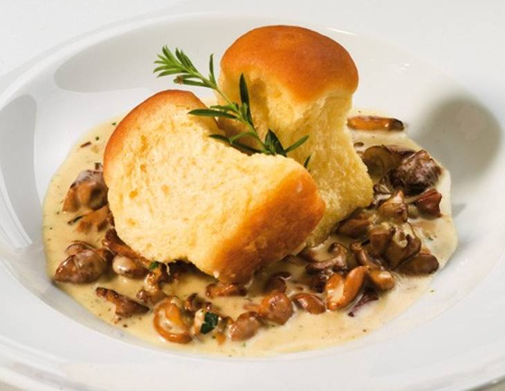 Thymianbuchteln mit Eierschwammerlsauce Thymianbuchteln mit Eierschwammerlsauce