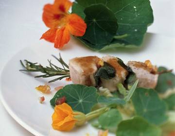 Kaninchen-Rosmarin-Spieß auf Kapuziner- oder Brunnenkressesalat Kaninchen-Rosmarin-Spieß auf Kapuziner- oder Brunnenkressesalat