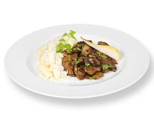 Geröstete Hühnerleber mit Birnenreis Rezept - ichkoche.de Geröstete Hühnerleber mit Birnenreis Rezept - ichkoche.de