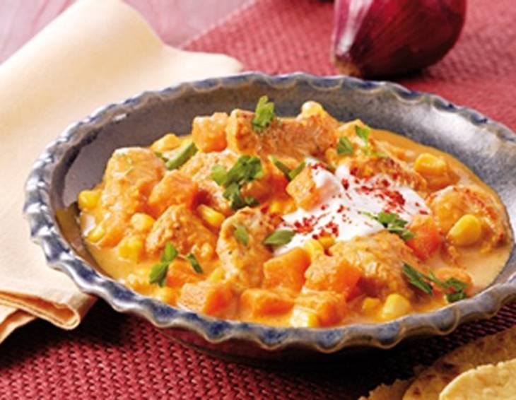 Truthahnragout mit Kürbis und Maisfladen Truthahnragout mit Kürbis und Maisfladen