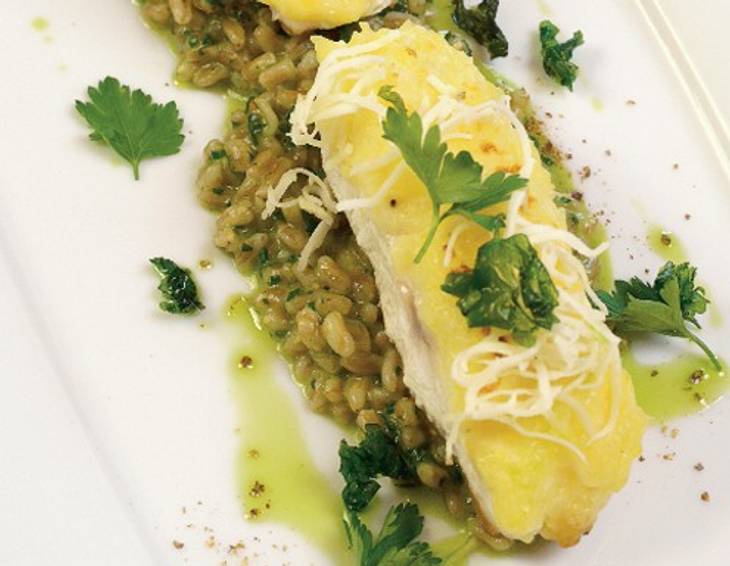 Gebratenes Zanderfilet mit Krenkruste und Gerstlrisotto Gebratenes Zanderfilet mit Krenkruste und Gerstlrisotto
