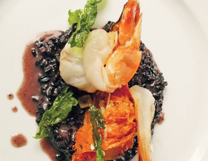 Steingarnelen mit gebratenem Kürbis und Venere-Risotto Steingarnelen mit gebratenem Kürbis und Venere-Risotto