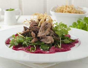 Pulled Lamb mit Wiesenkräutersalat und Rote Rüben-Püree Pulled Lamb mit Wiesenkräutersalat und Rote Rüben-Püree