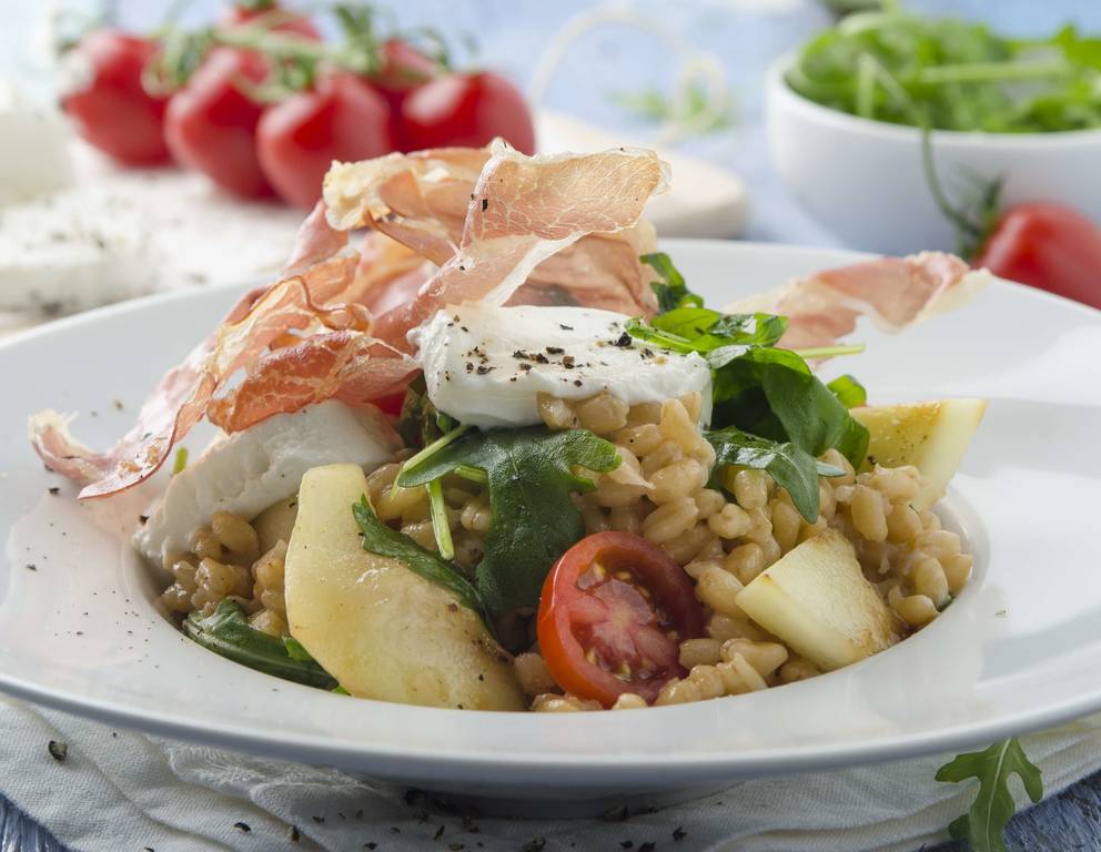 Ziegenkäse-Eblysotto mit Honigmelone und Prosciutto Ziegenkäse-Eblysotto mit Honigmelone und Prosciutto