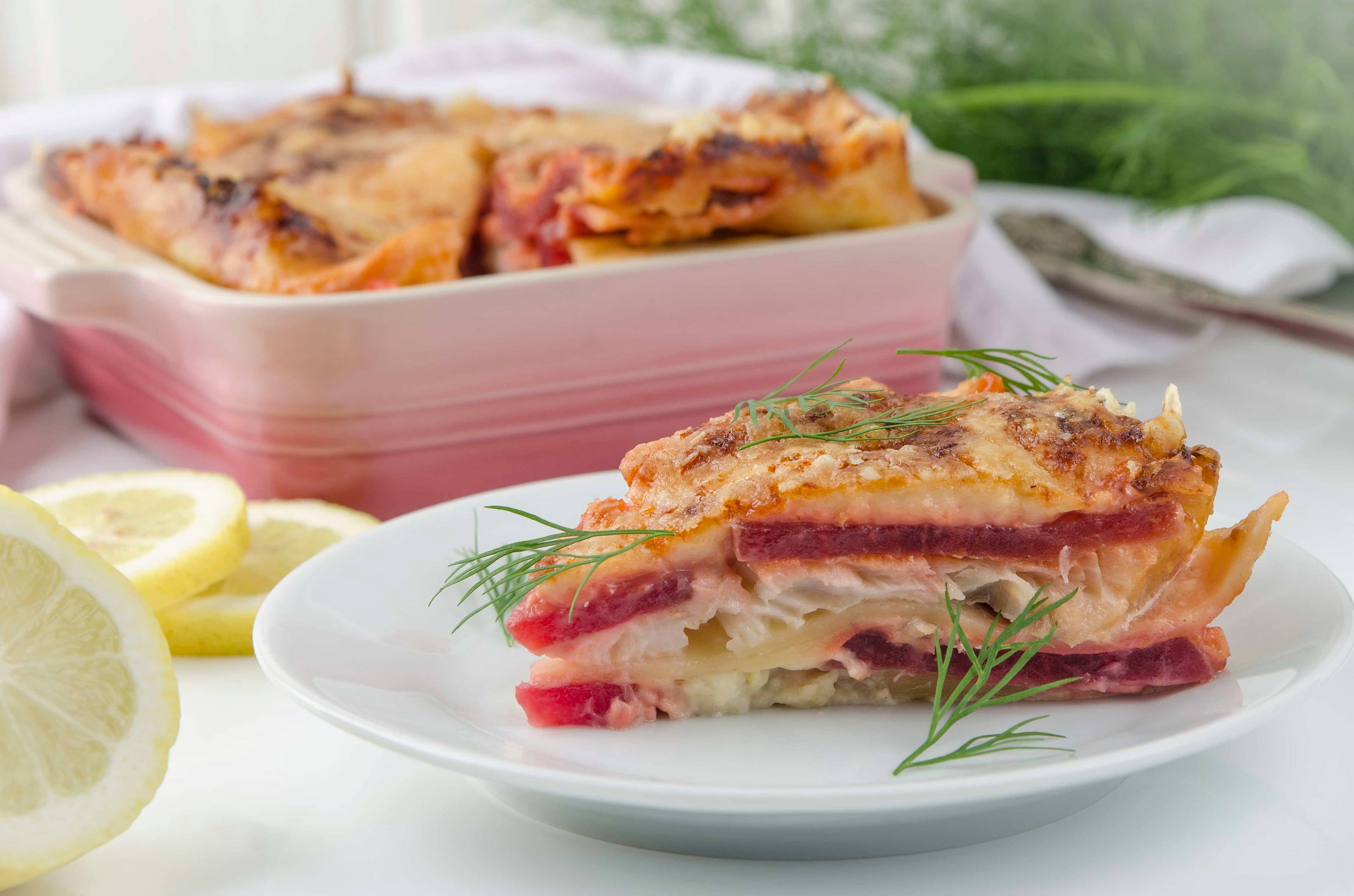 Fischlasagne mit roten Rüben