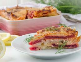 Fischlasagne mit Roten Rüben aus der Heißluftfritteuse