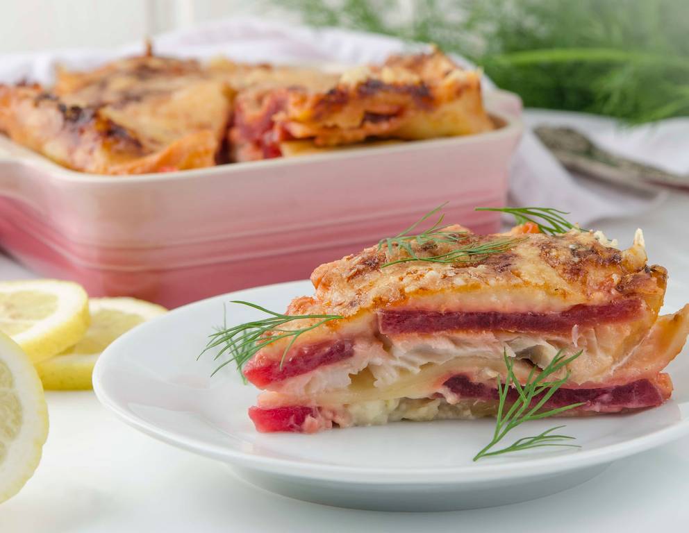 Fischlasagne mit Roten Rüben aus der Heißluftfritteuse Fischlasagne mit Roten Rüben aus der Heißluftfritteuse