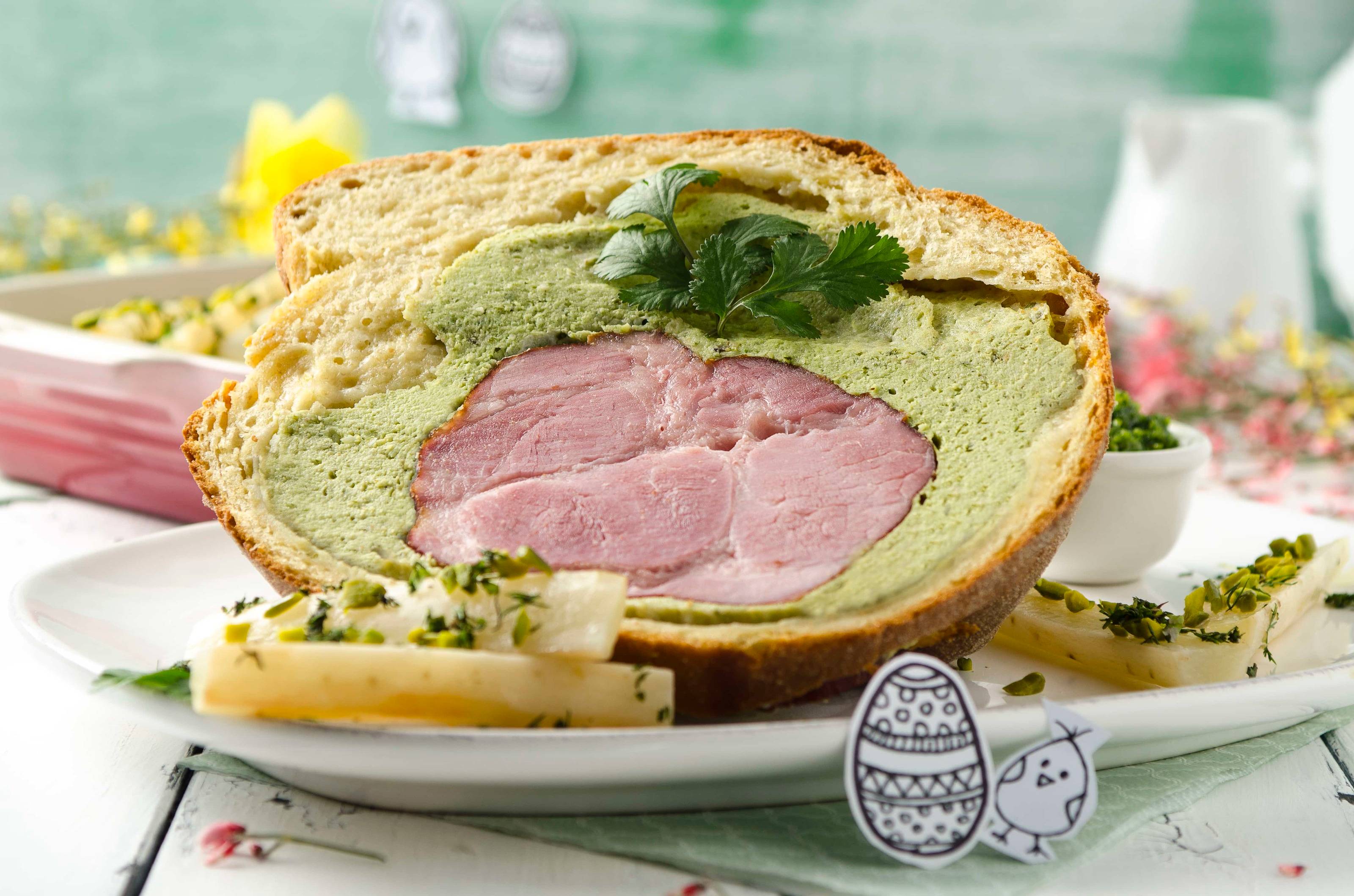 Osterschinken im Kartoffelbrotmantel mit Majoran-Petersilienpesto und Schwarzwurzeln Rezept