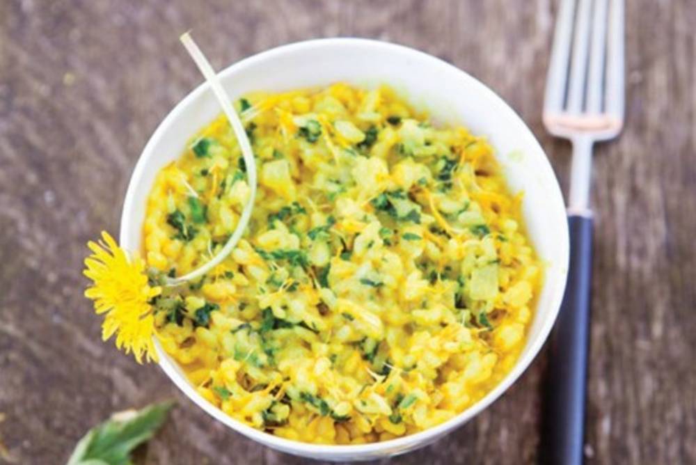 Sonnenblüten-Brennnessel-Risotto mit Kurkuma Rezept Sonnenblüten-Brennnessel-Risotto mit Kurkuma Rezept
