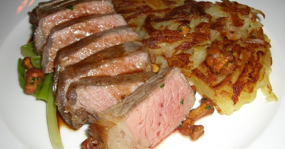 Beiried Rind Frankfurter Beiried mit Rösti und zweierlei Gemüsen Rezept - ichkoche.ch
