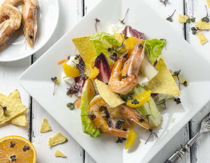 Orangen-Karotten-Chicorée-Salat mit Garnelen Orangen-Karotten-Chicorée-Salat mit Garnelen