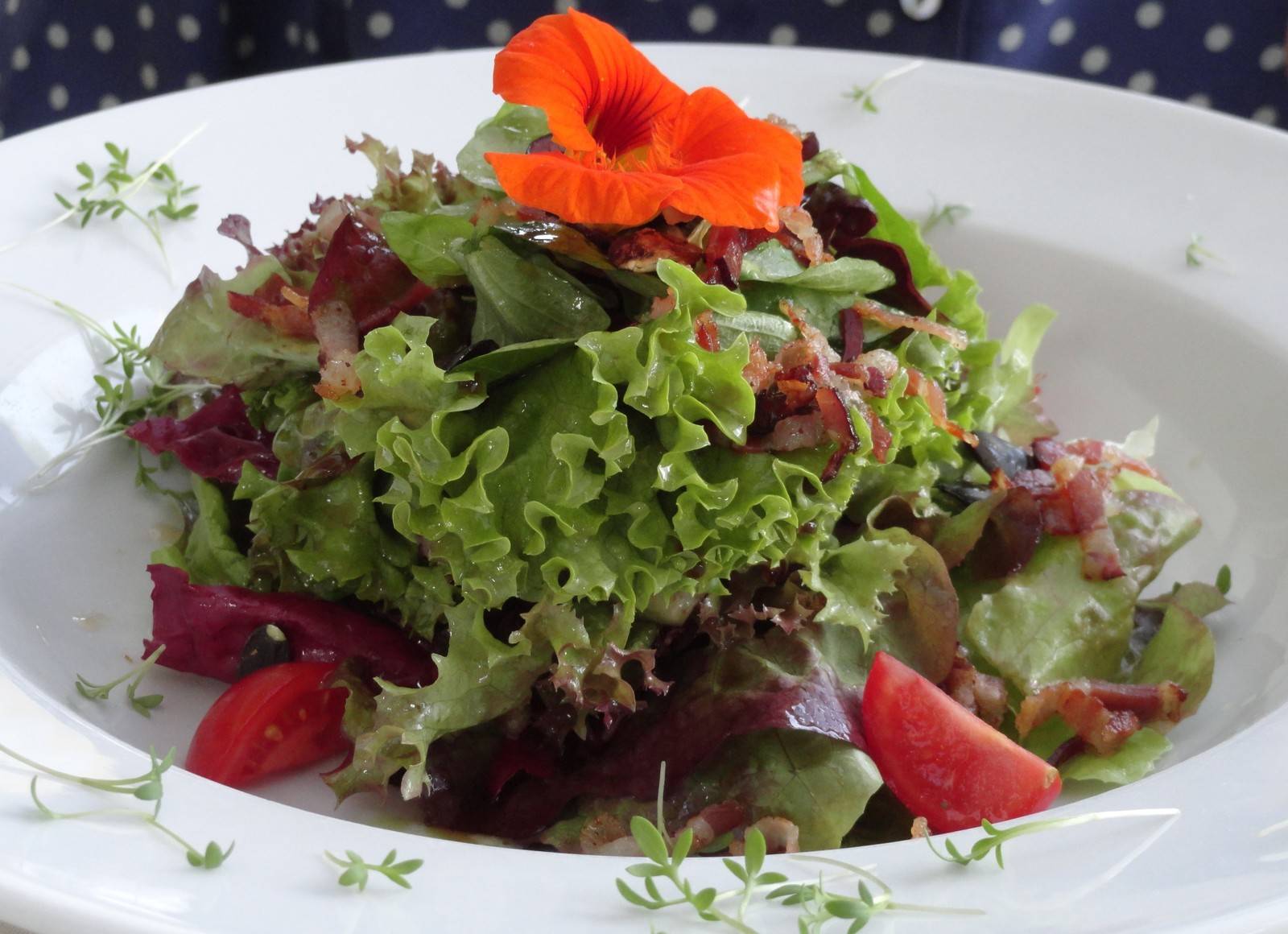 Grüner Salat mit Speck und Pilzen