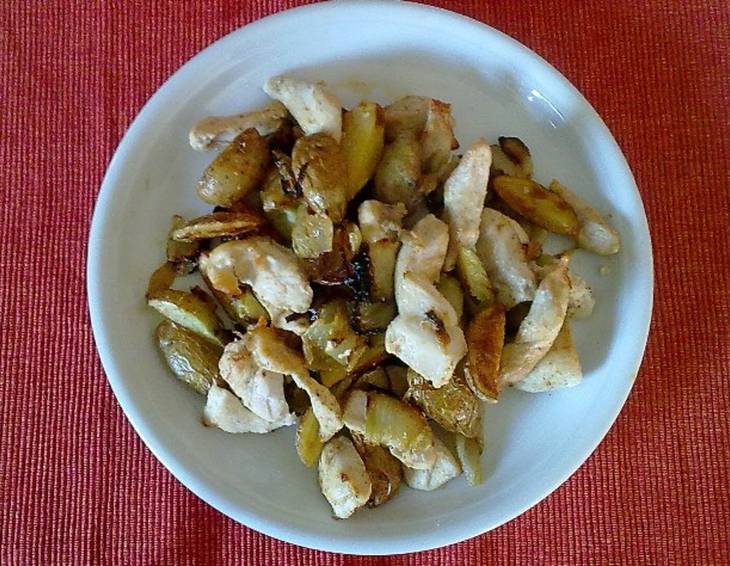 Zwiebelkartoffeln mit Hühnerstreifen aus der Heißluftfriteuse