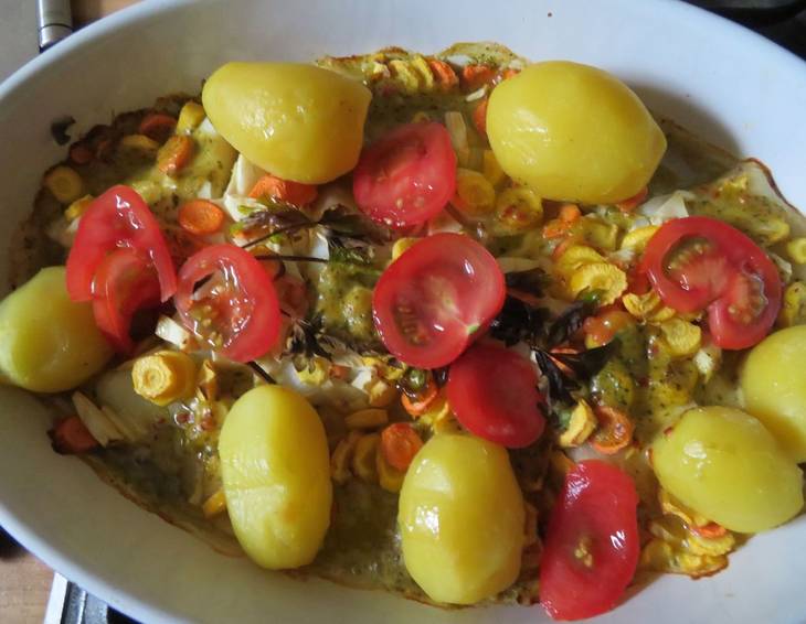 Heilbutt mit Wurzelgemüse in Zitronen-Chili-Dillsauce Heilbutt mit Wurzelgemüse in Zitronen-Chili-Dillsauce