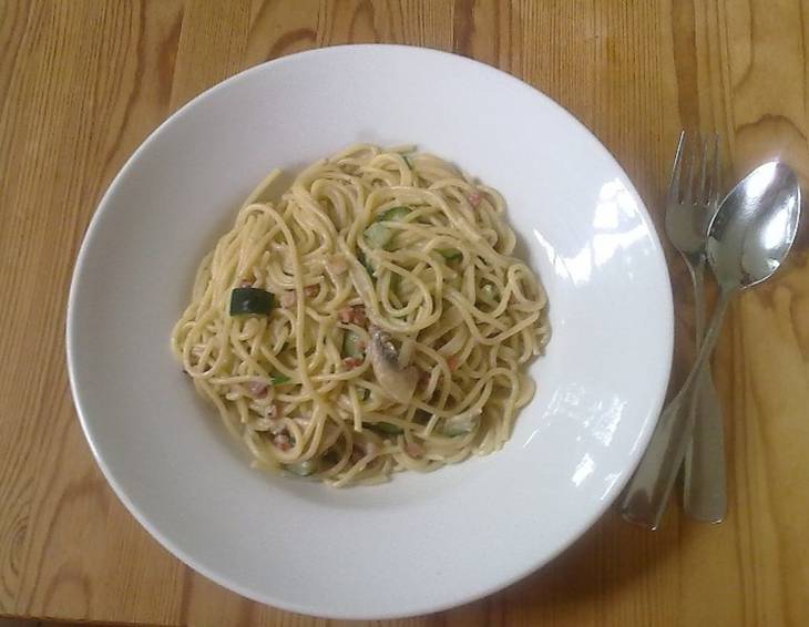 Spaghetti in Zucchini-Champignon-Specksoße