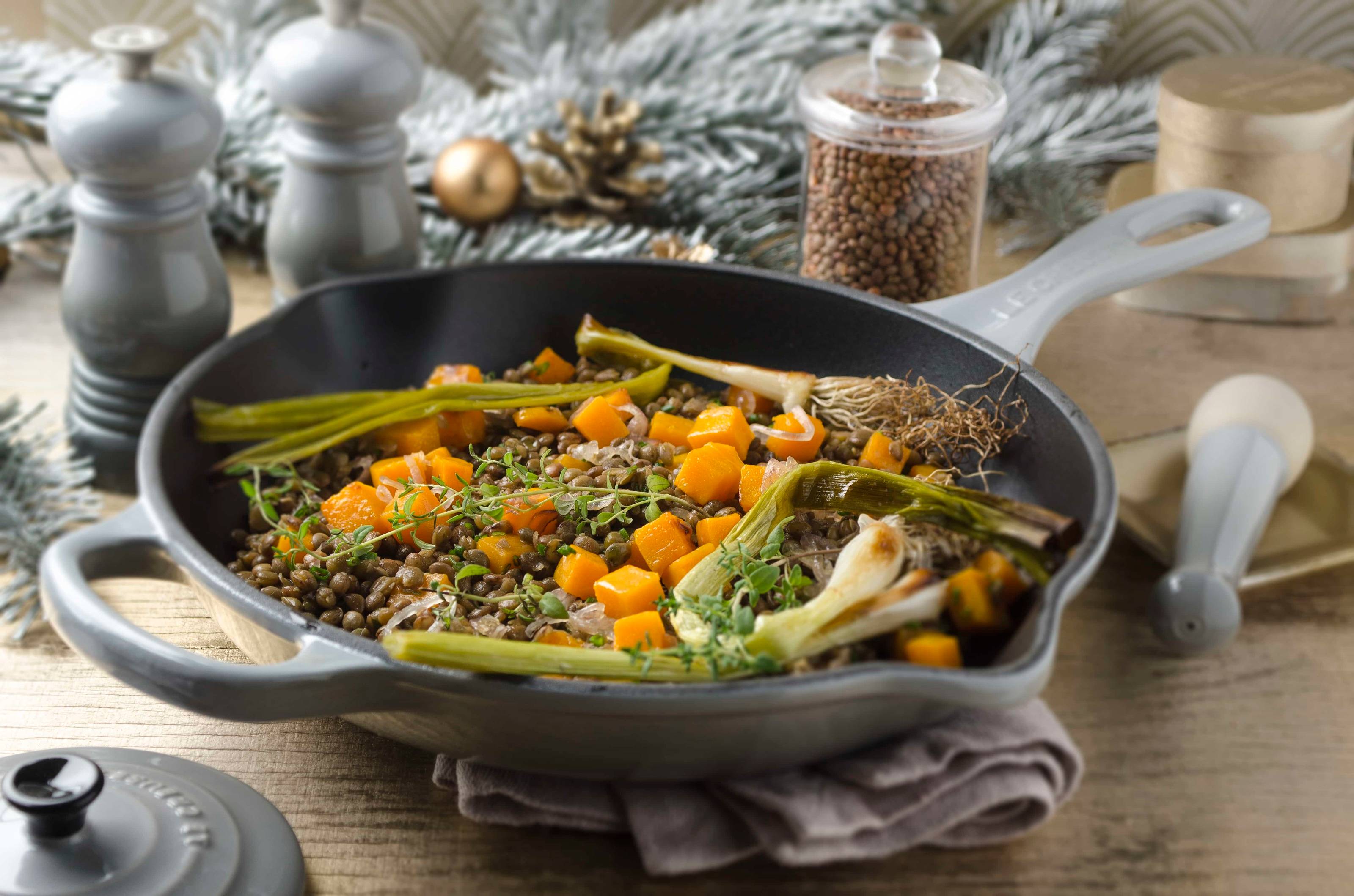 Berglinsen-Kürbis-Gemüse mit geschmorter Jungzwiebel Rezept
