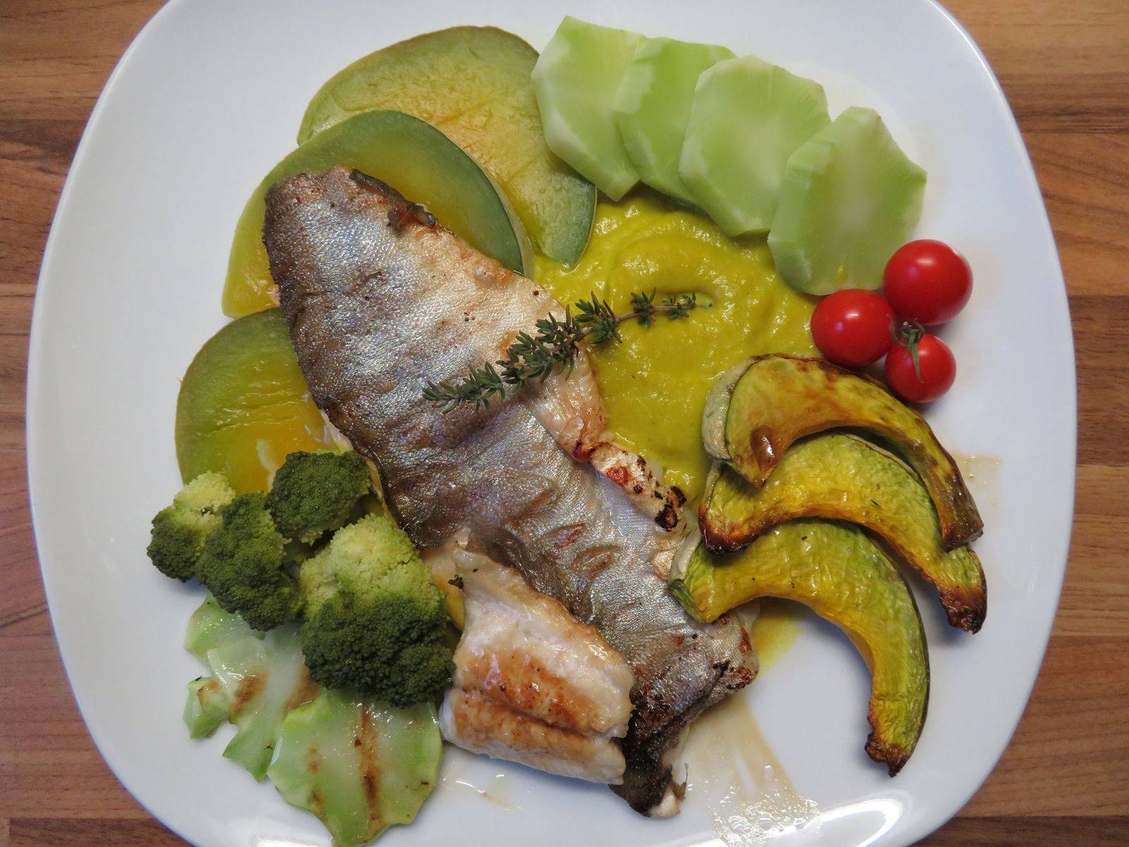 Saiblingsfilet mit Blue Ballet Kürbis und Brokkoli