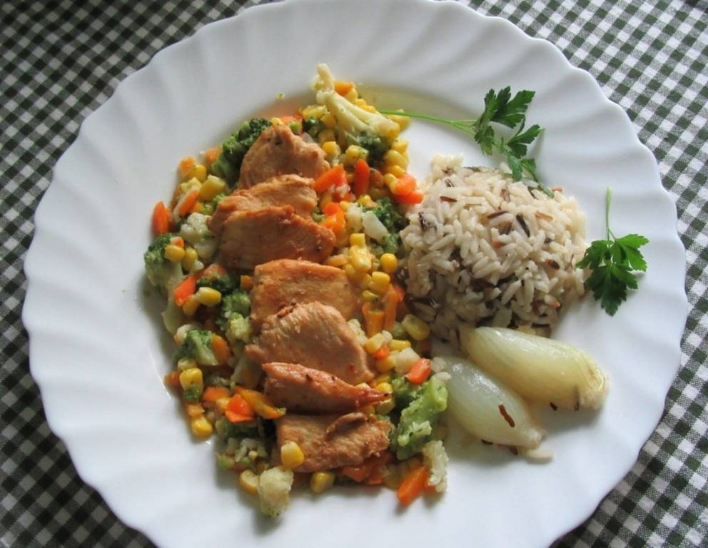 Hühnergeschnetzeltes mit Gemüse und Wildreis Hühnergeschnetzeltes mit Gemüse und Wildreis