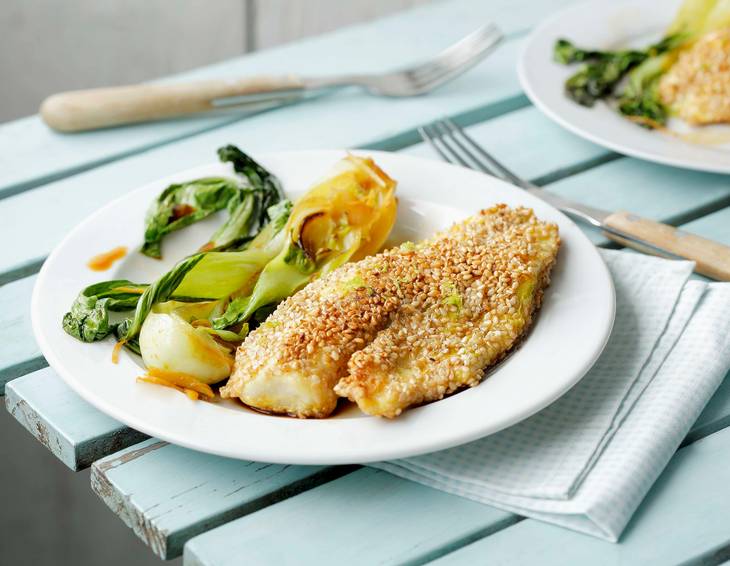 Pangasiusfilets in Sesammantel mit Pak Choi Pangasiusfilets in Sesammantel mit Pak Choi