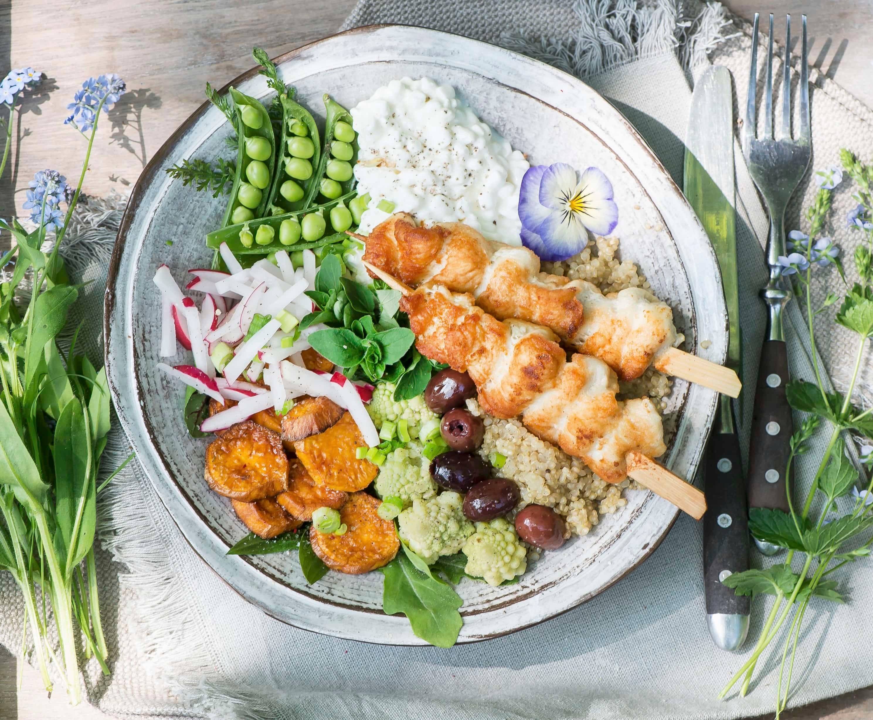 Hühnerspieße mit Süßkartoffel-Radieschen-Salat