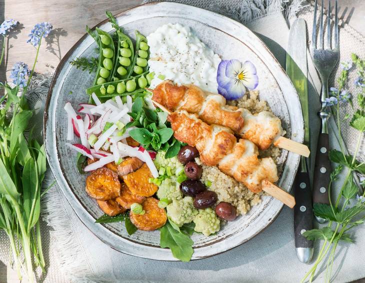Hühnerspieße mit Süßkartoffel-Radieschen-Salat Hühnerspieße mit Süßkartoffel-Radieschen-Salat