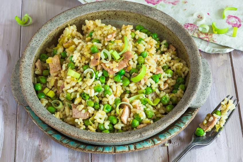 Risotto mit Speck Erbsen und Lauch