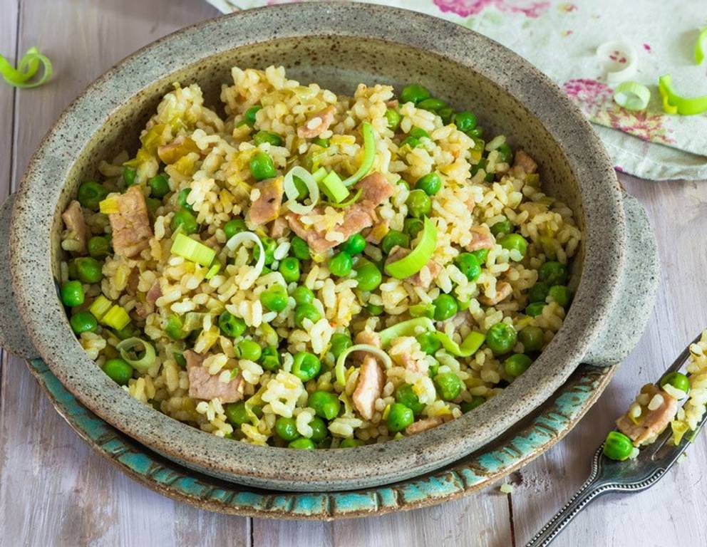 Risotto mit Speck, Erbsen und Lauch Risotto mit Speck, Erbsen und Lauch
