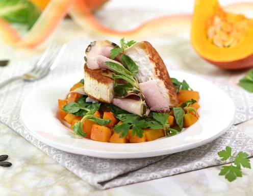 Kürbisragout mit Ziegencamembert und Kürbisschinken Rezept