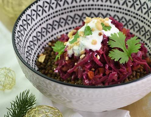 Curry-Linsen-Rotkraut mit Raïta