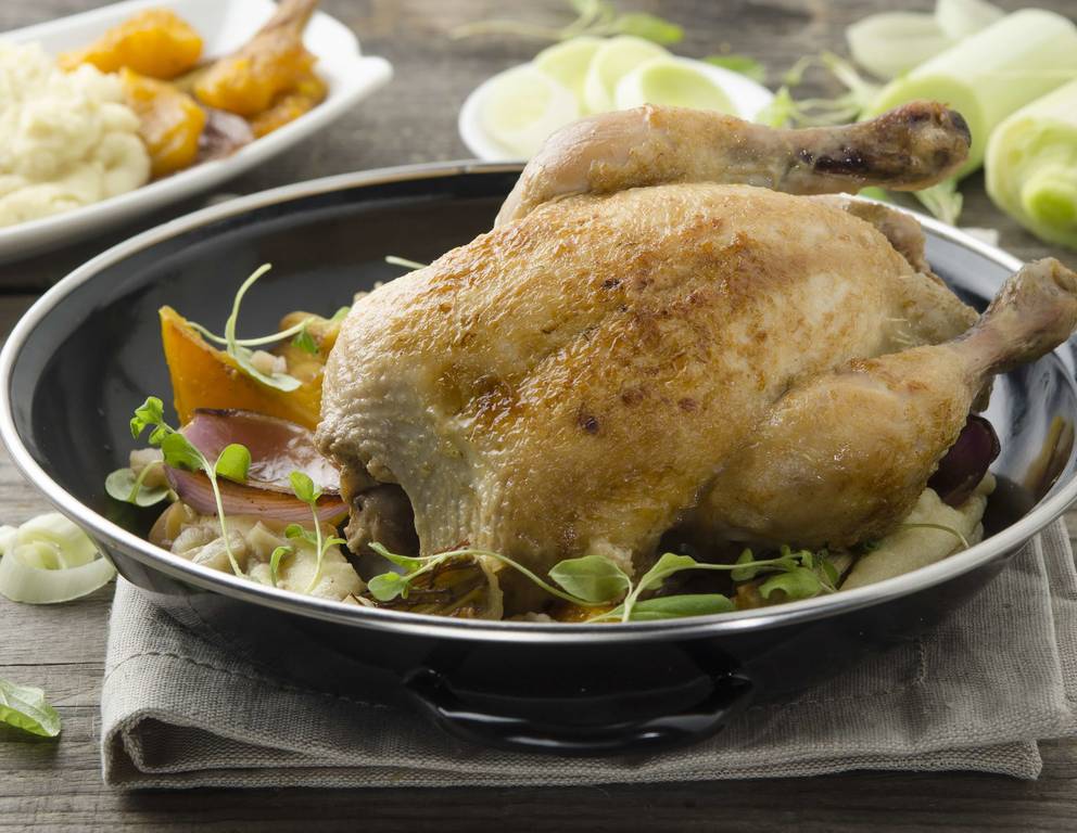 Geschmorter Mini-Gockel mit Selleriepüree Geschmorter Mini-Gockel mit Selleriepüree