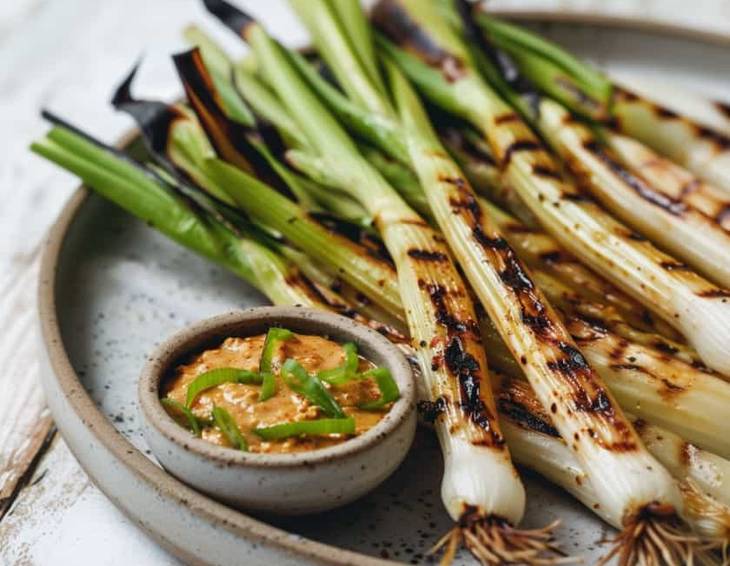 Gegrillte Frühlingszwiebeln mit scharfer Mandelsauce Gegrillte Frühlingszwiebeln mit scharfer Mandelsauce