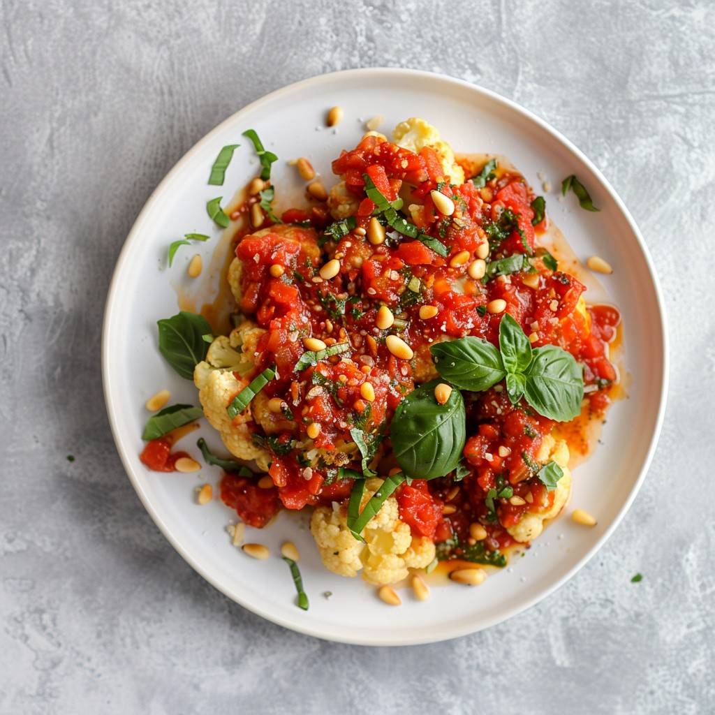 Würziger Karfiol mit Kräuter-Tomatensauce und Pinienkernen