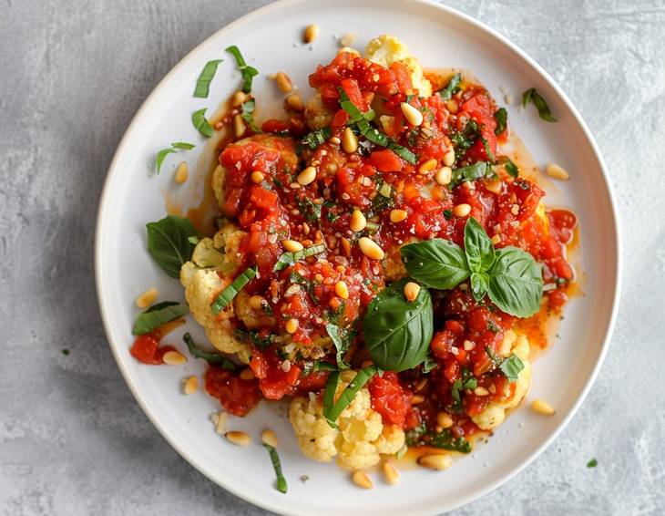 Würziger Karfiol mit Kräuter-Tomatensauce und Pinienkernen Würziger Karfiol mit Kräuter-Tomatensauce und Pinienkernen