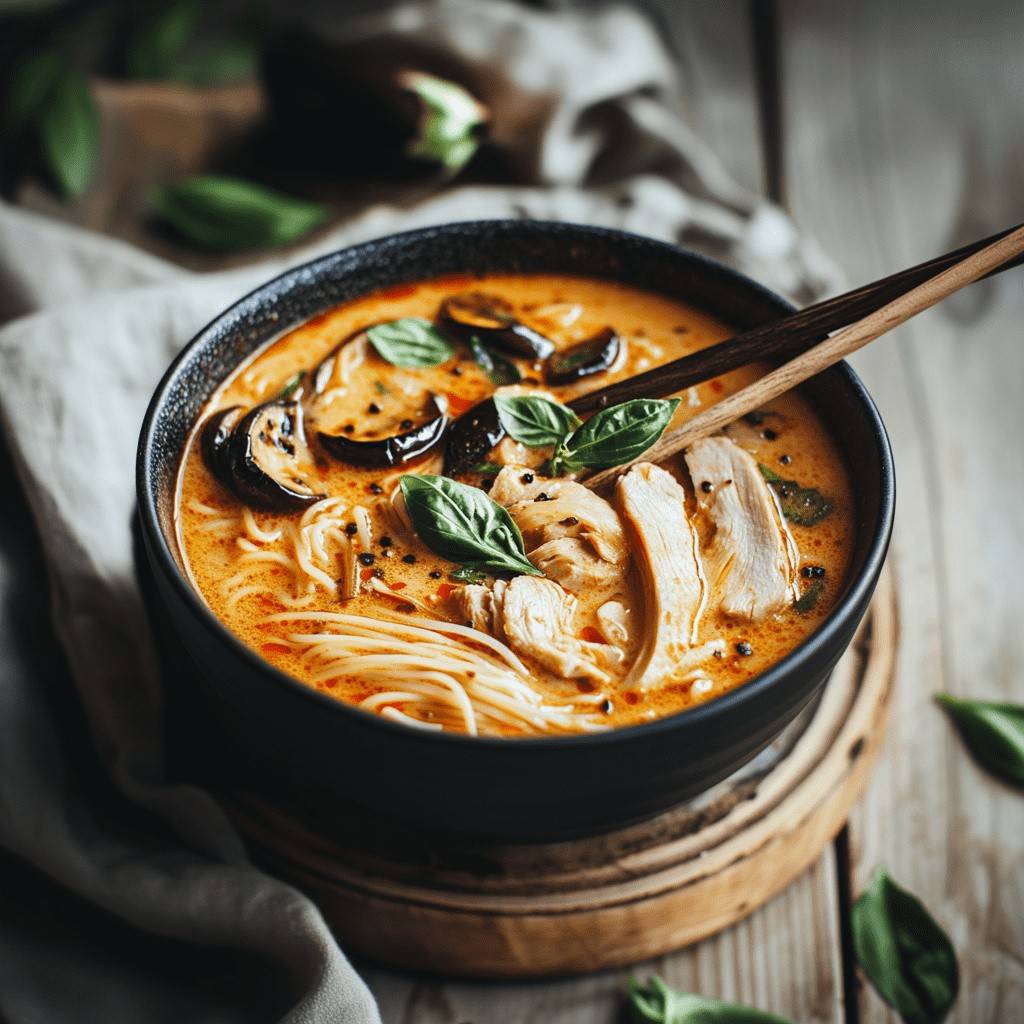 Scharfe Kokos-Nudelsuppe mit Huhn und Melanzani