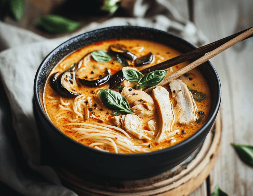 Scharfe Kokos-Nudelsuppe mit Huhn und Melanzani Scharfe Kokos-Nudelsuppe mit Huhn und Melanzani