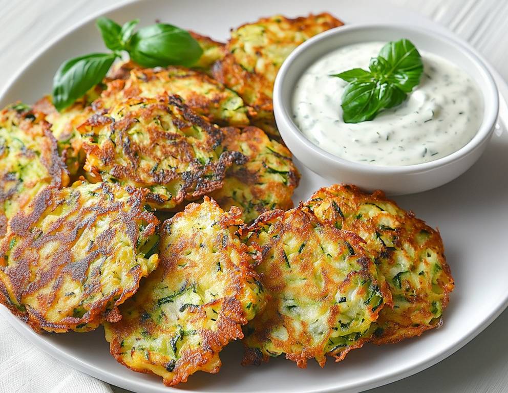 Gemüsepuffer mit Basilikumcreme Gemüsepuffer mit Basilikumcreme