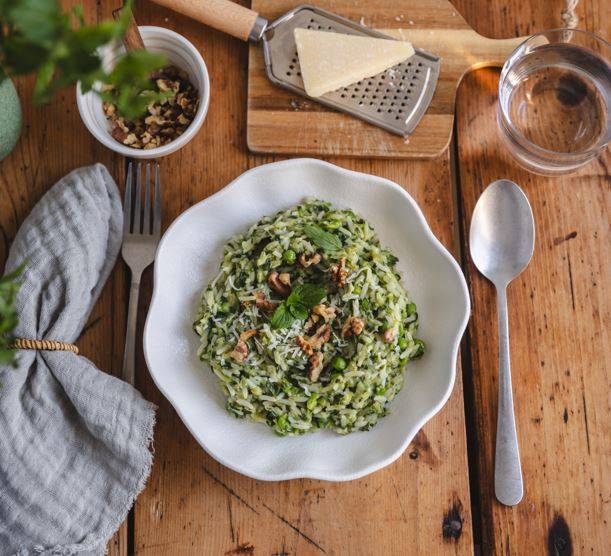 Blitzrisotto mit Kochsalat mit Erbsen