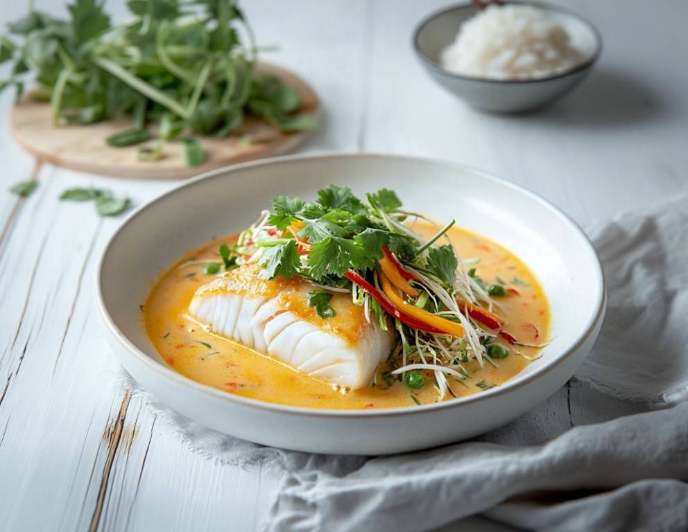 Gedämpftes Zanderfilet mit Gemüse und Kokos-Curry-Sauce