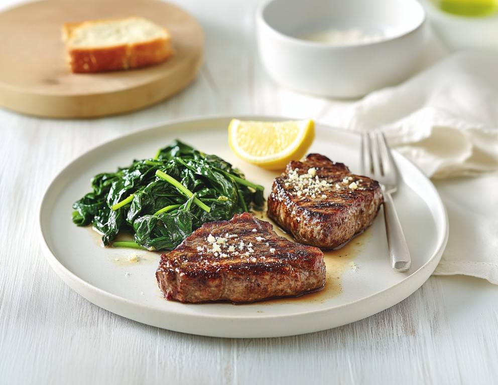 Minuten Steaks in Parmesan mit gebratenem Blattspinat Minuten Steaks in Parmesan mit gebratenem Blattspinat