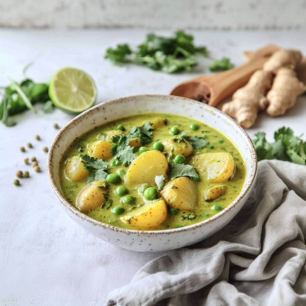 Grünes Kartoffelcurry mit Erbsen