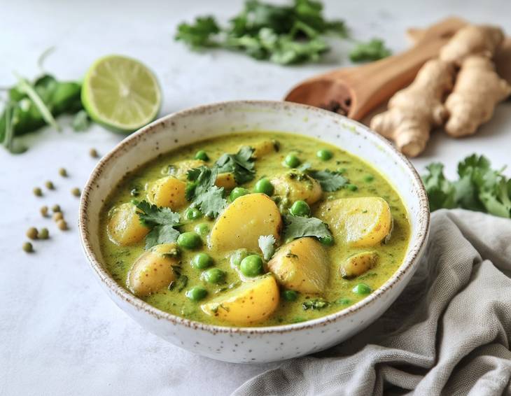 Grünes Kartoffelcurry mit Erbsen Grünes Kartoffelcurry mit Erbsen