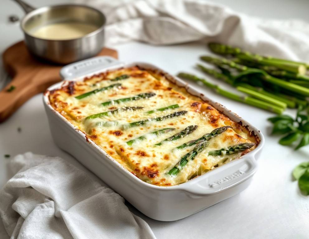 Grün-weiße Spargellasagne mit Béchamel und Mozzarella