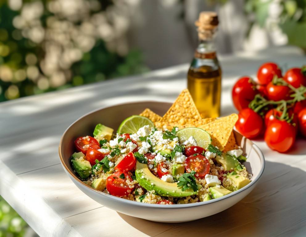Quinoa-Avocado-Salat mit Nachos und Feta