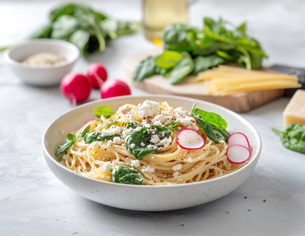 Linguine mit Spinat, Feta und Radieschen