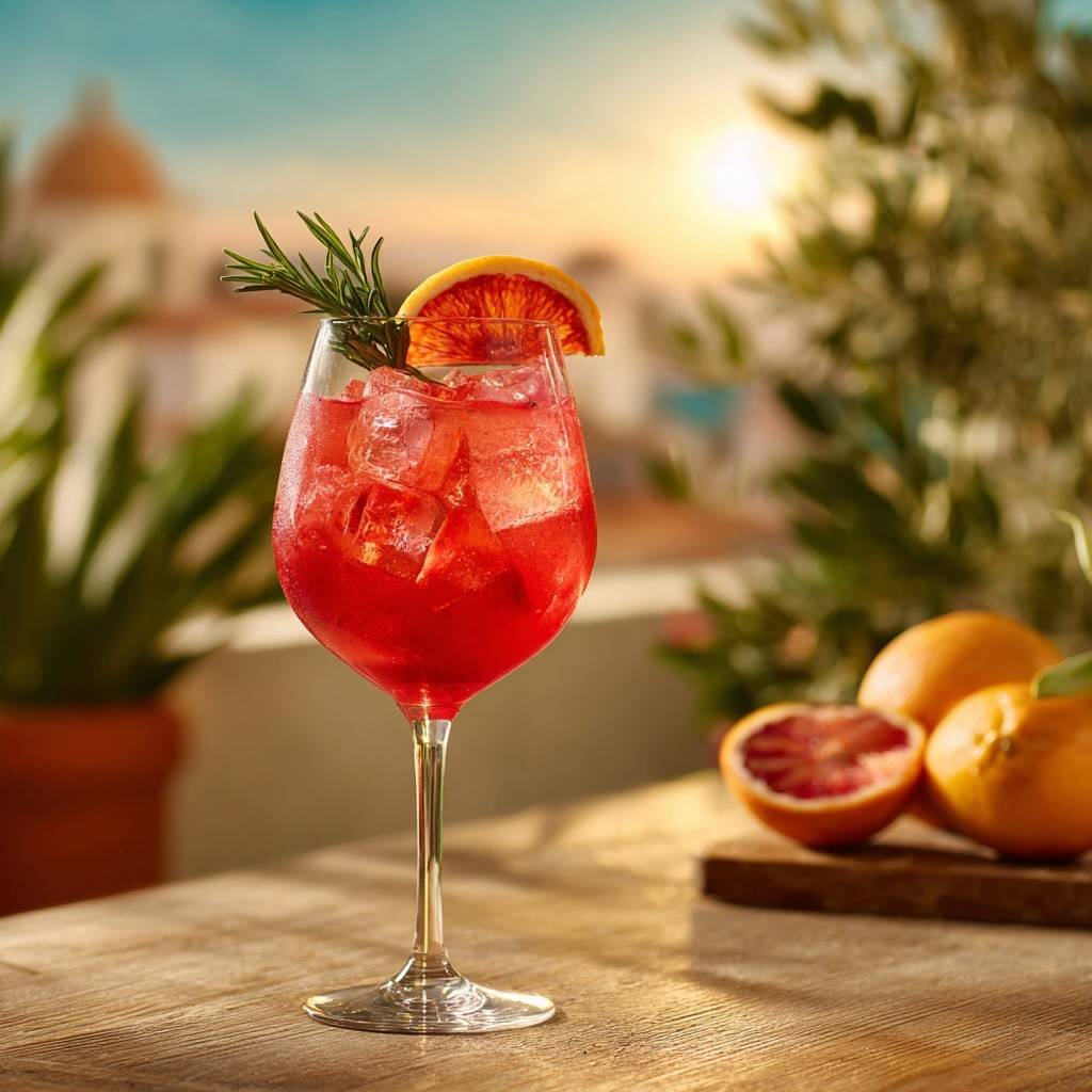 Sarti Rosa Spritz im Weinglas Eiswürfel und Blutorange