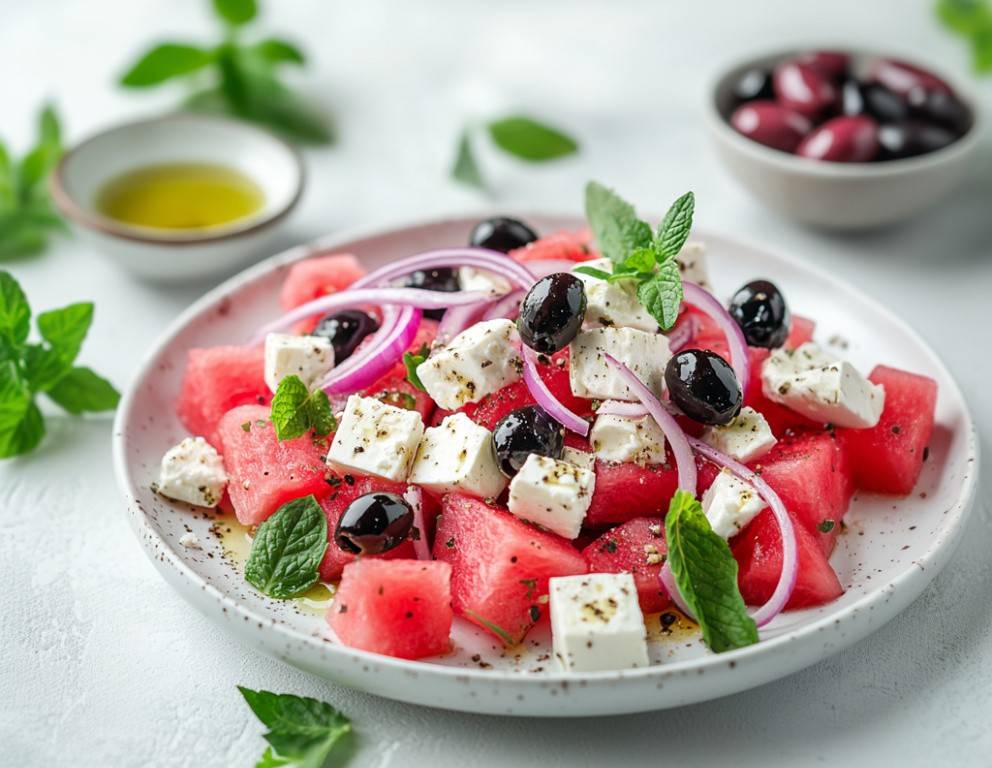 Sommersalat mit Melone, Schafkäse, Oliven & Minze Sommersalat mit Melone, Schafkäse, Oliven & Minze
