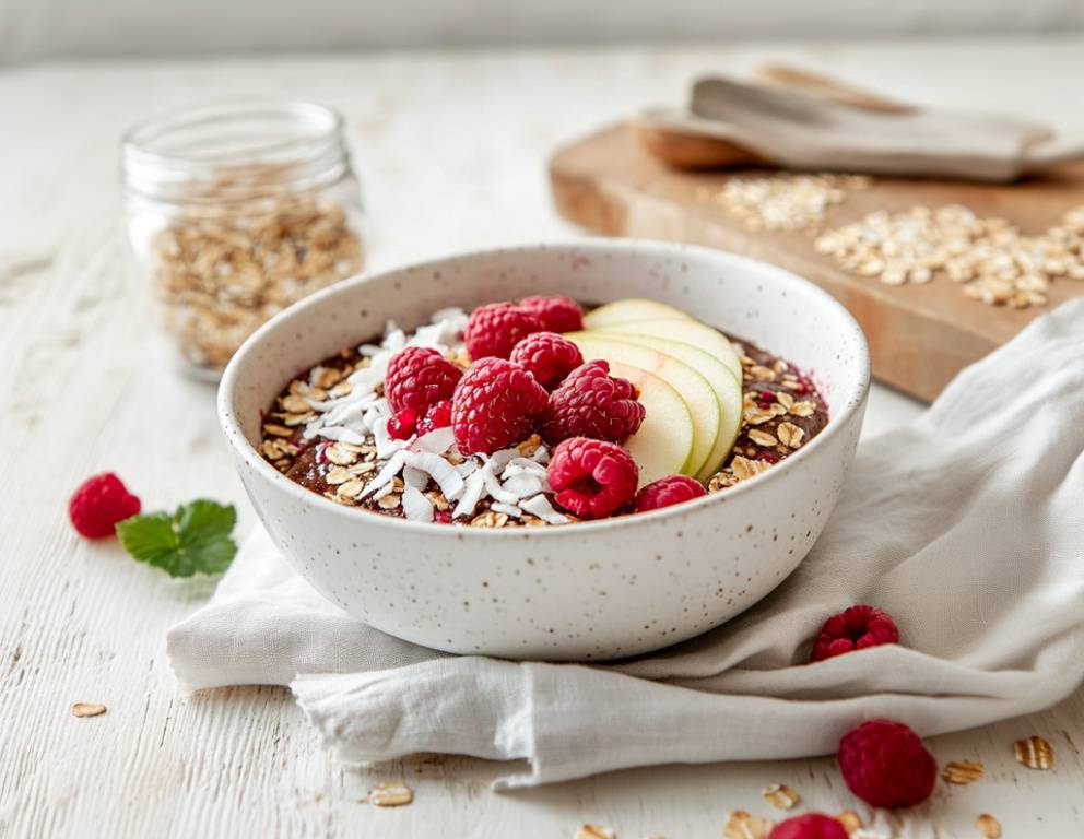 Apfel-Himbeer-Müsli mit Kokosflocken Rezept - ichkoche.ch Apfel-Himbeer-Müsli mit Kokosflocken Rezept - ichkoche.ch