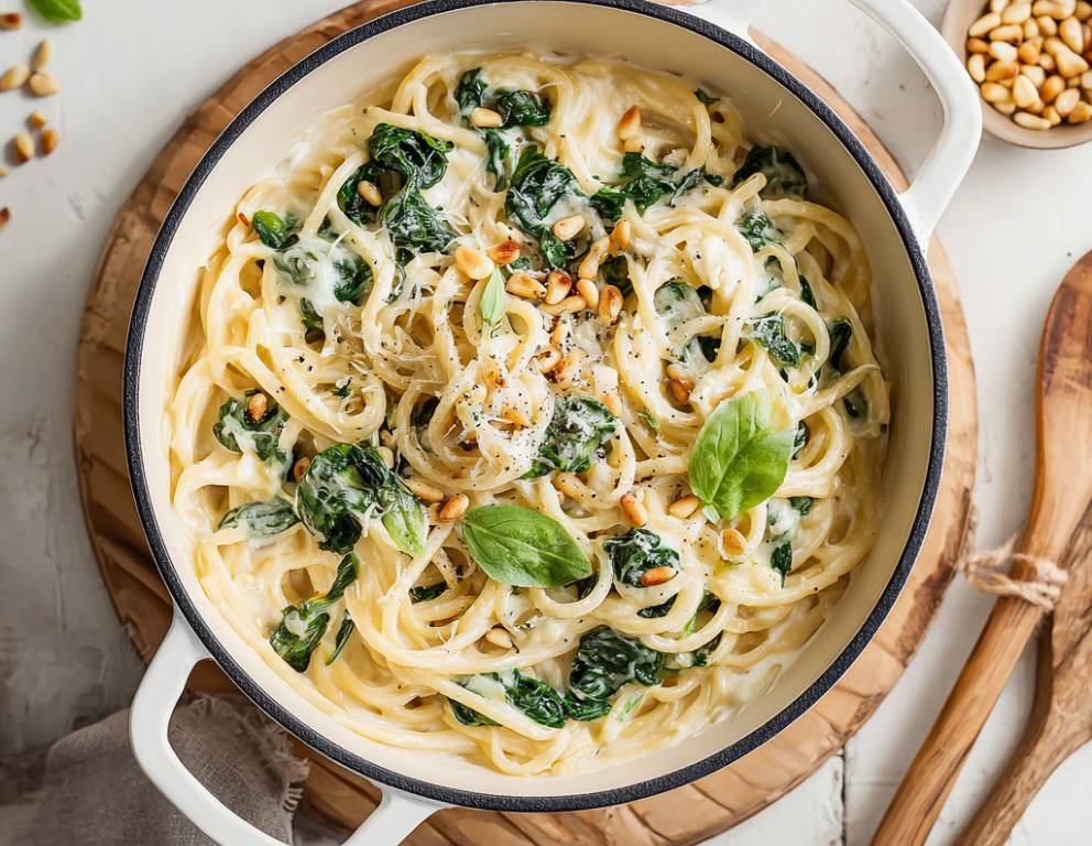 One Pot Pasta mit Spinat und Parmesan