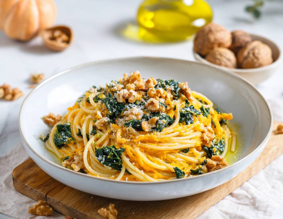 Spaghetti mit Kürbis, Walnüssen und Blattspinat
