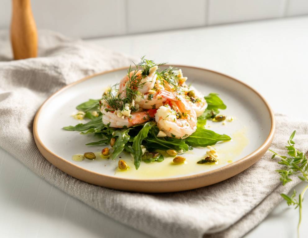 Gedämpfte Garnelen mit Aromaten auf Rucola